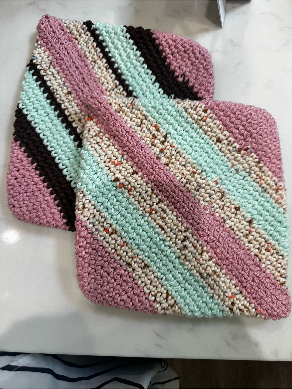 Handmade Crocheted pots holders - Pink, Mint, Cream & Brown-100% cotton